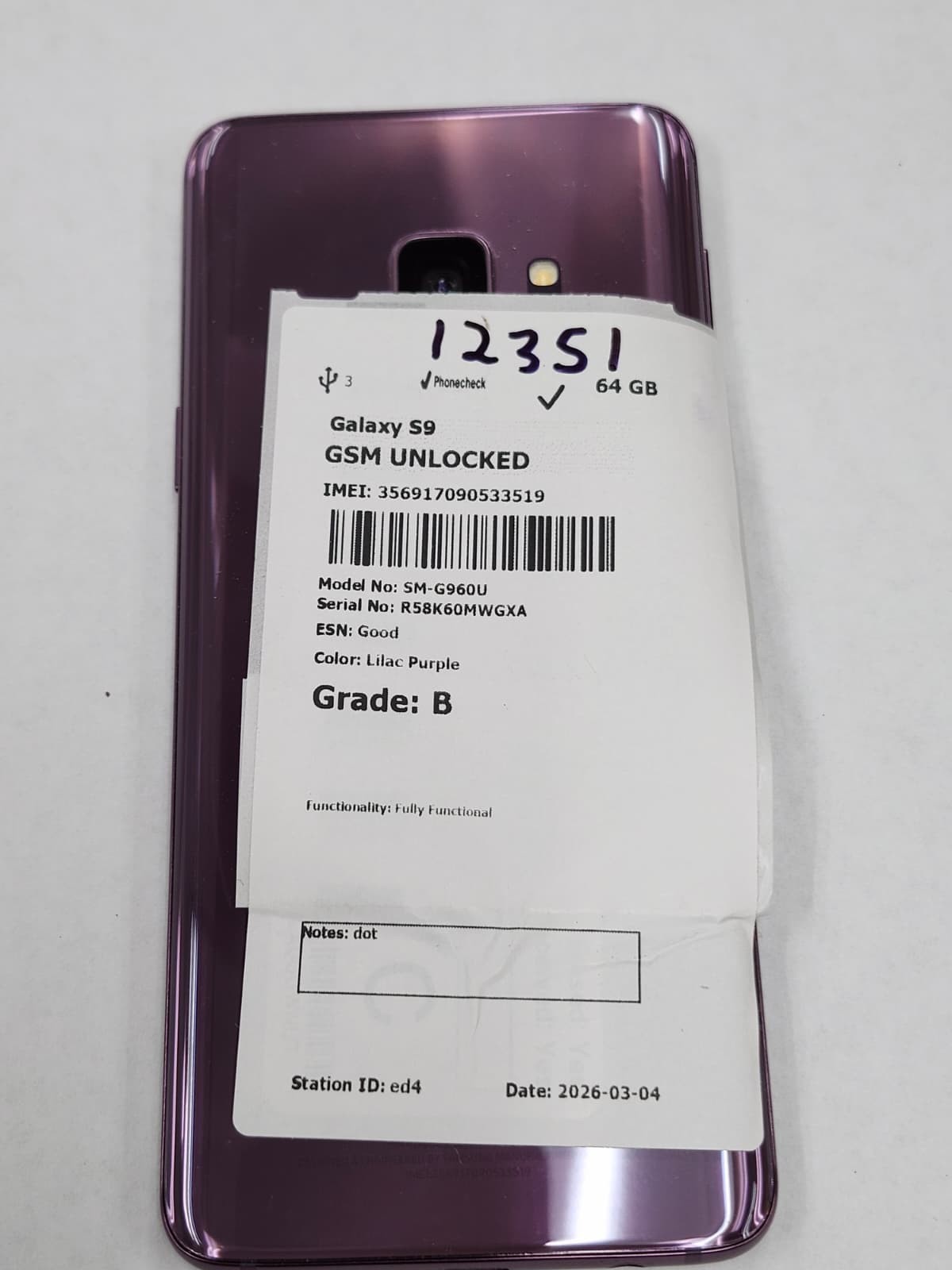 DEFECTIVE – Samsung Galaxy S9 – Purple – 64 GB – GSM Unlocked – SM-G960U – 12351