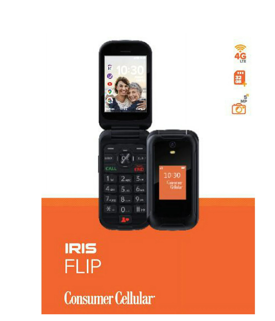New Consumer Cellular Iris Flip Phone (8GB) 5.0MP Camera 4G LTE- Black