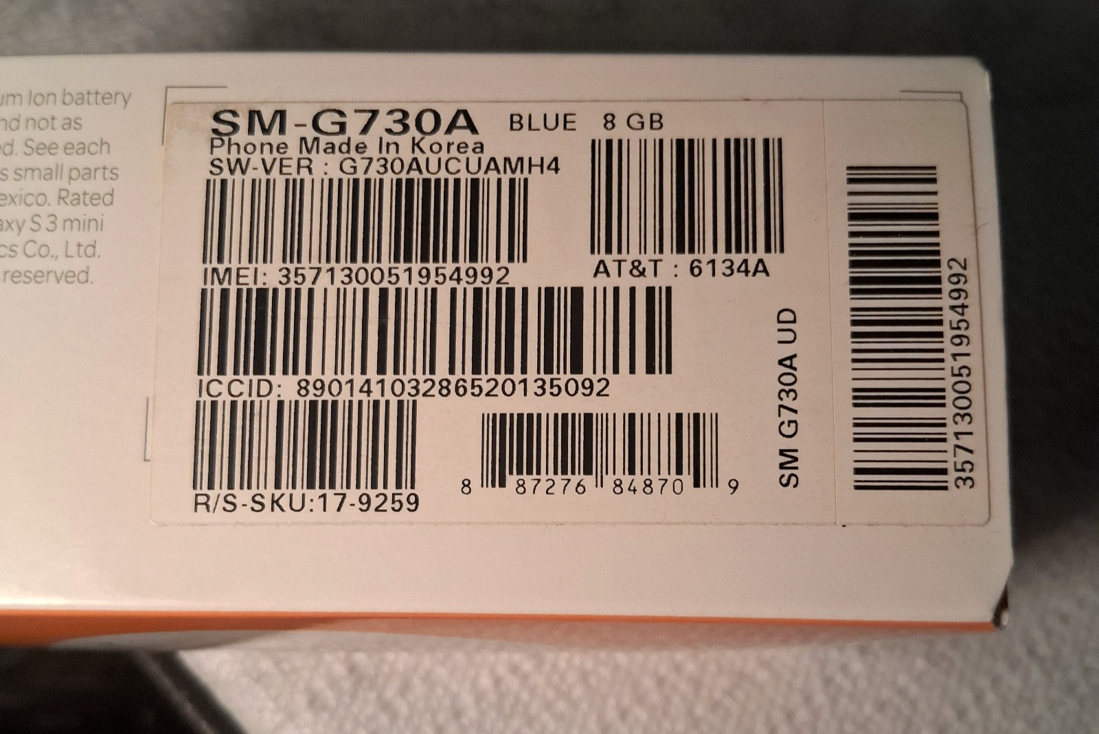 Samsung Galaxy S3 Mini SM-G730A (att) 8GB Blue Charge Cord Instructions in Box