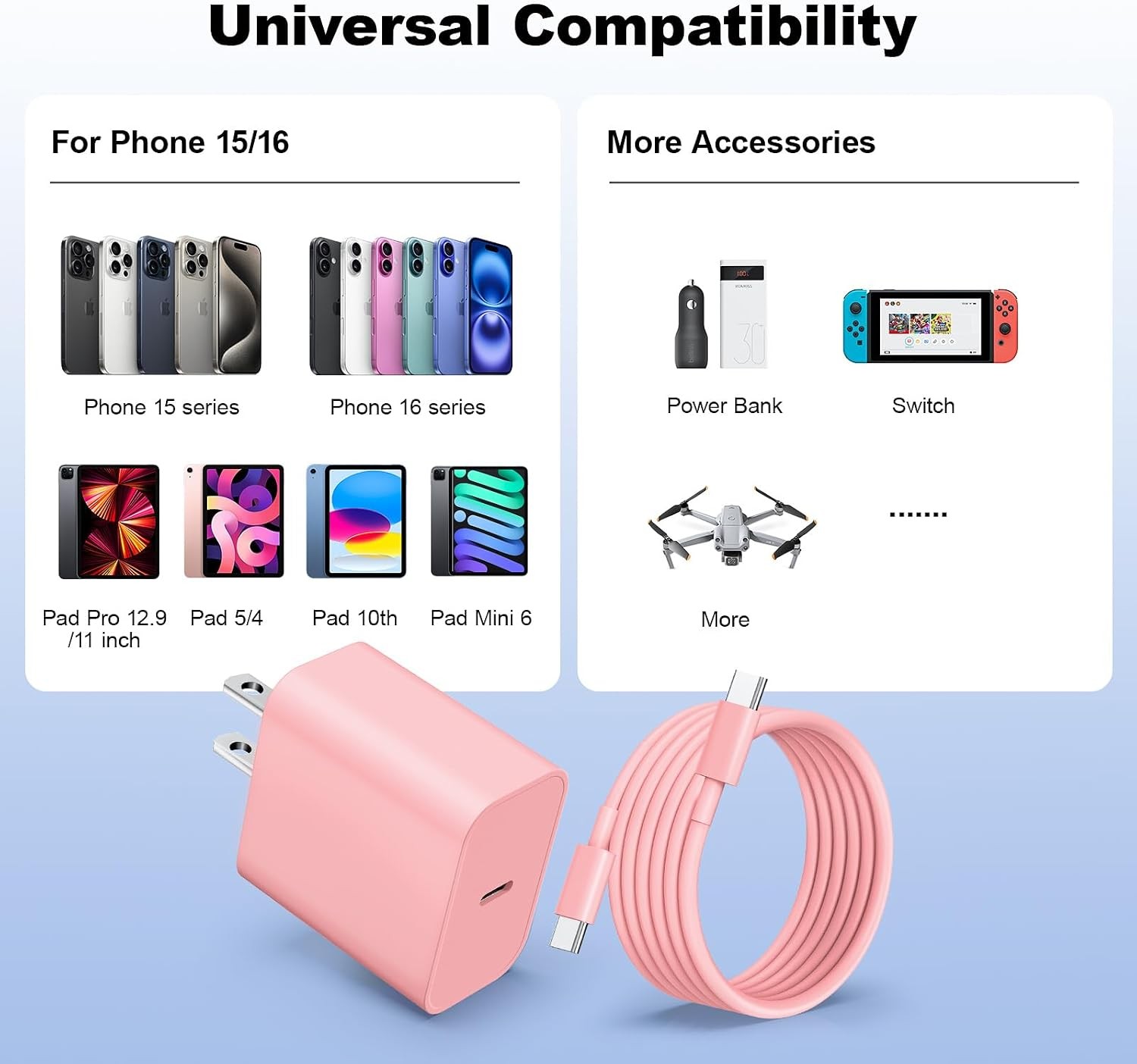3 Pack 20W USB-C Fast Wall Charger for iPhone 17/16/15 10ft Cable