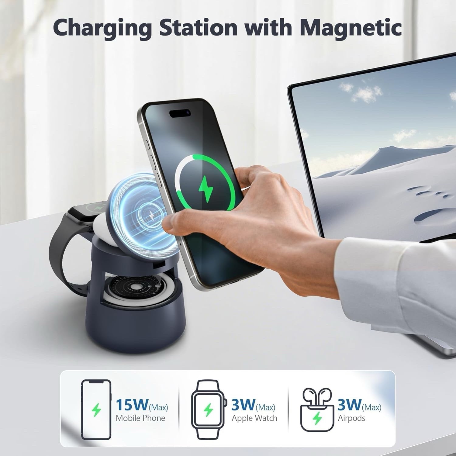 4-in-1 Wireless Charging Station: 15W Magnetic Fast Charger Stand for iPhone
