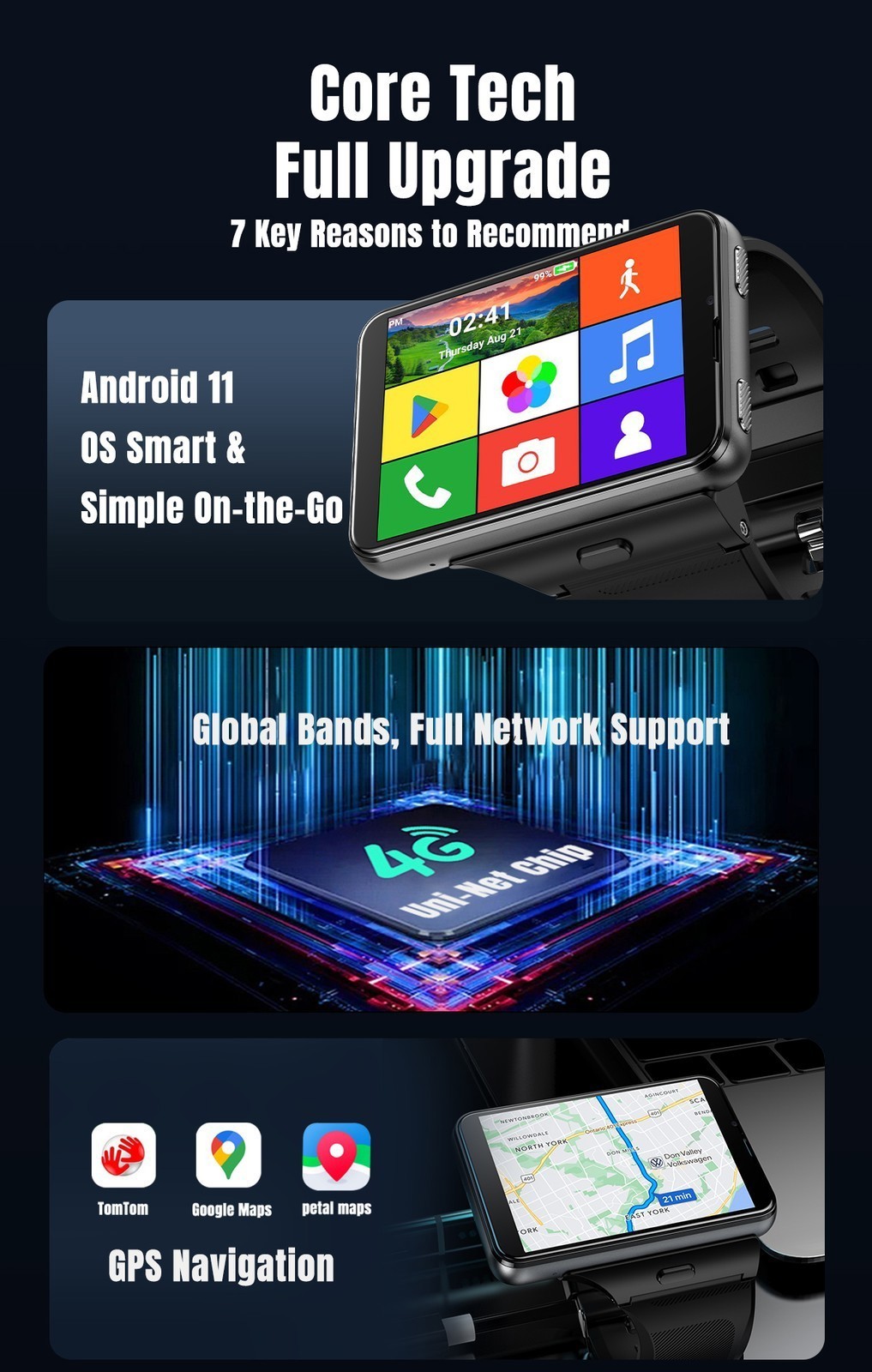 2.88″ Larger Screen 4G Smart Watch Android 11 Dual Camera WIFI GPS SIM Support
