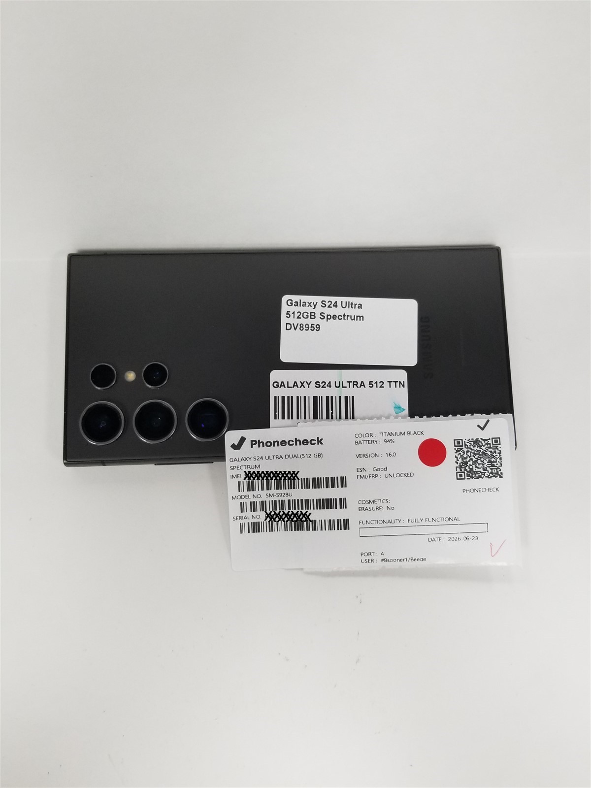 Samsung Galaxy S24 Ultra 512GB Black SM-S928U (Spectrum) Fully Functional DV8959