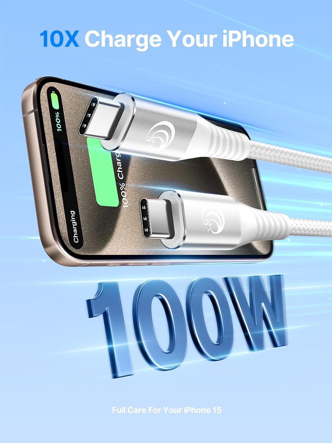 10ft 2-Pack 100W USB-C Fast Charger Cable for iPhone 16, MacBook Pro