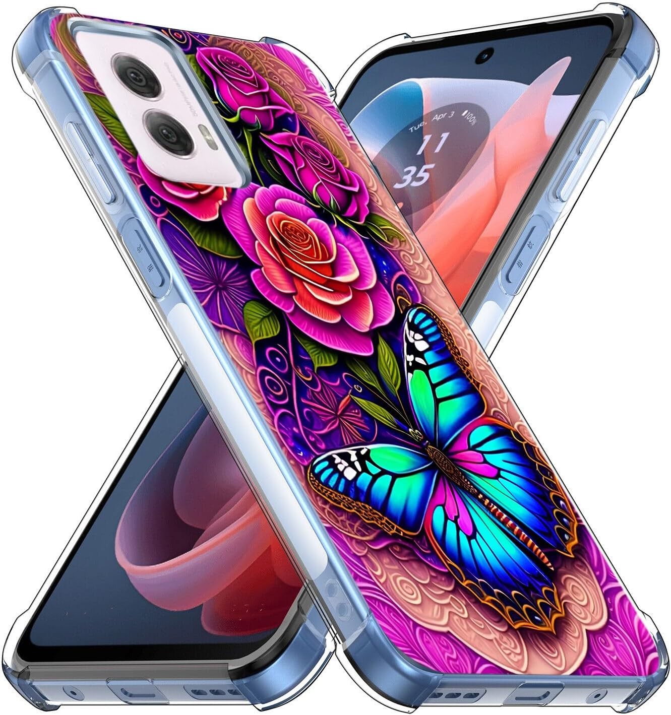 Case for Moto G Power 5G 2024, Blue Butterfly Flowers Rose Shockproof Protective