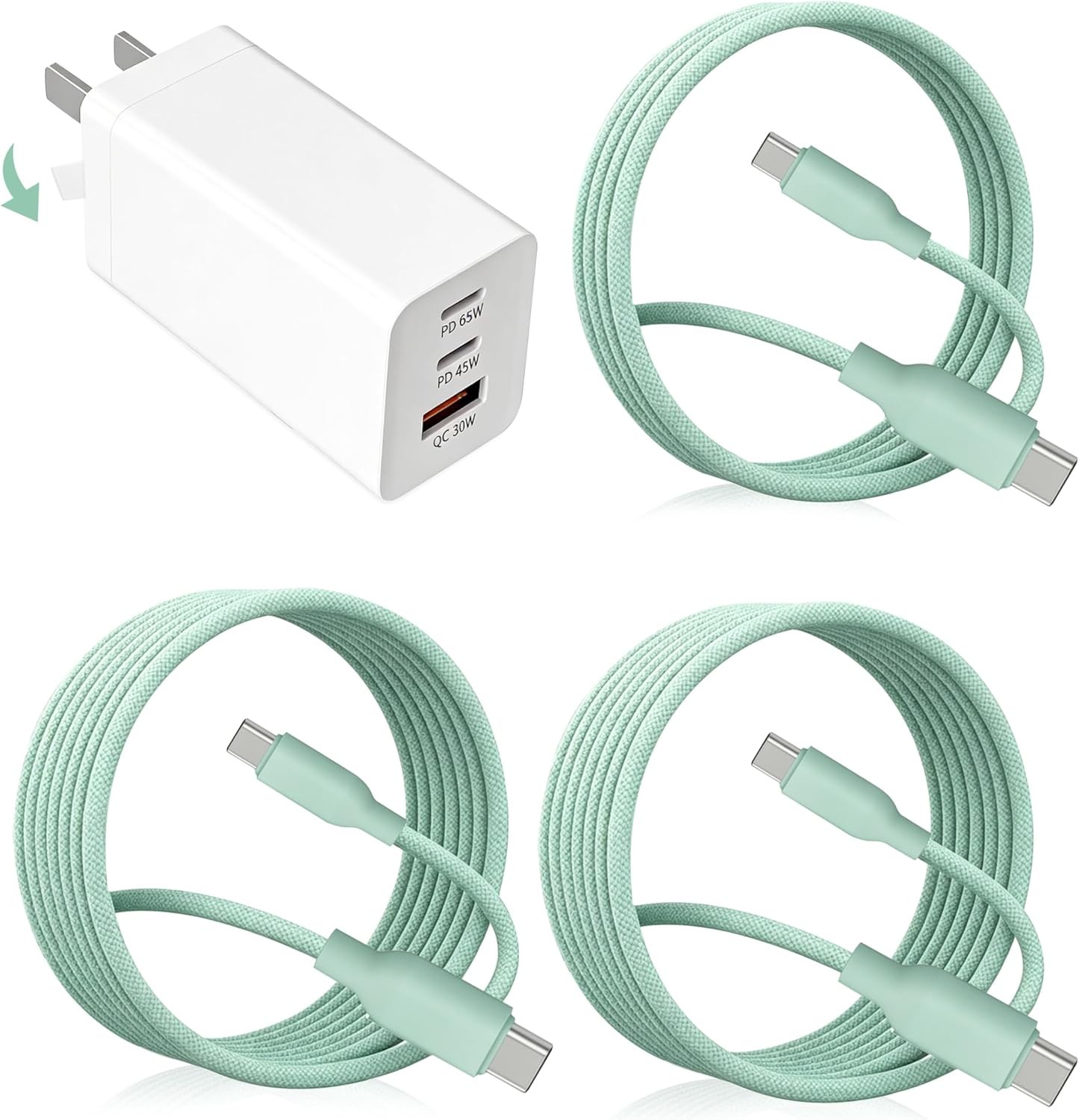 65W USB-C Fast Charger Wall Adapter with 3 Cables (1.2m & 0.6m) for Phone, Table