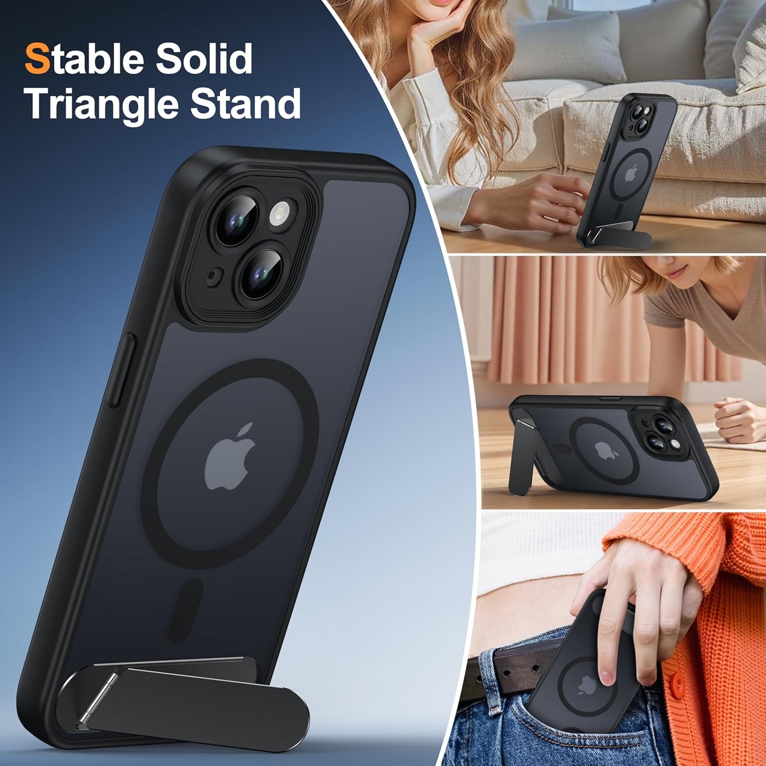 Magnetic iPhone 15 Case, Built-in Invisible Kickstand, Full Camera Protection, B