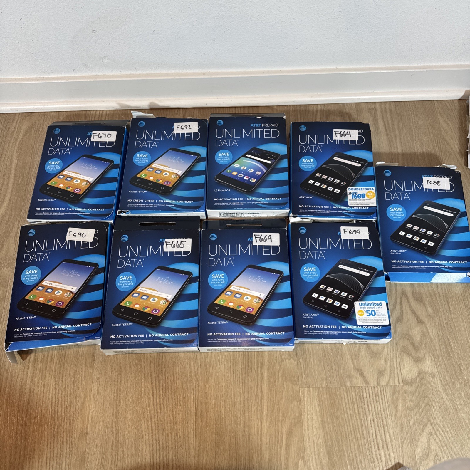 Lot of 9 AT&T Prepaid Phones LG Phoenix 4 Axia Alcatel Tetra 16GB