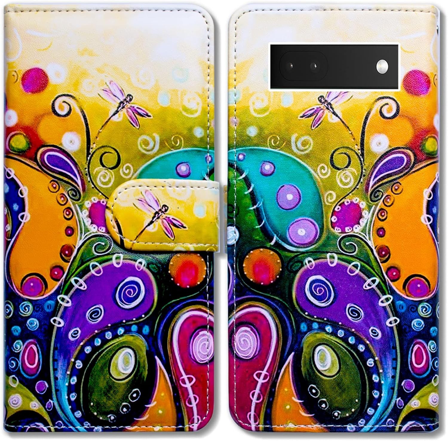 Leather Flip Wallet Case with Colorful Dragonfly Design for Google Pixel 6a