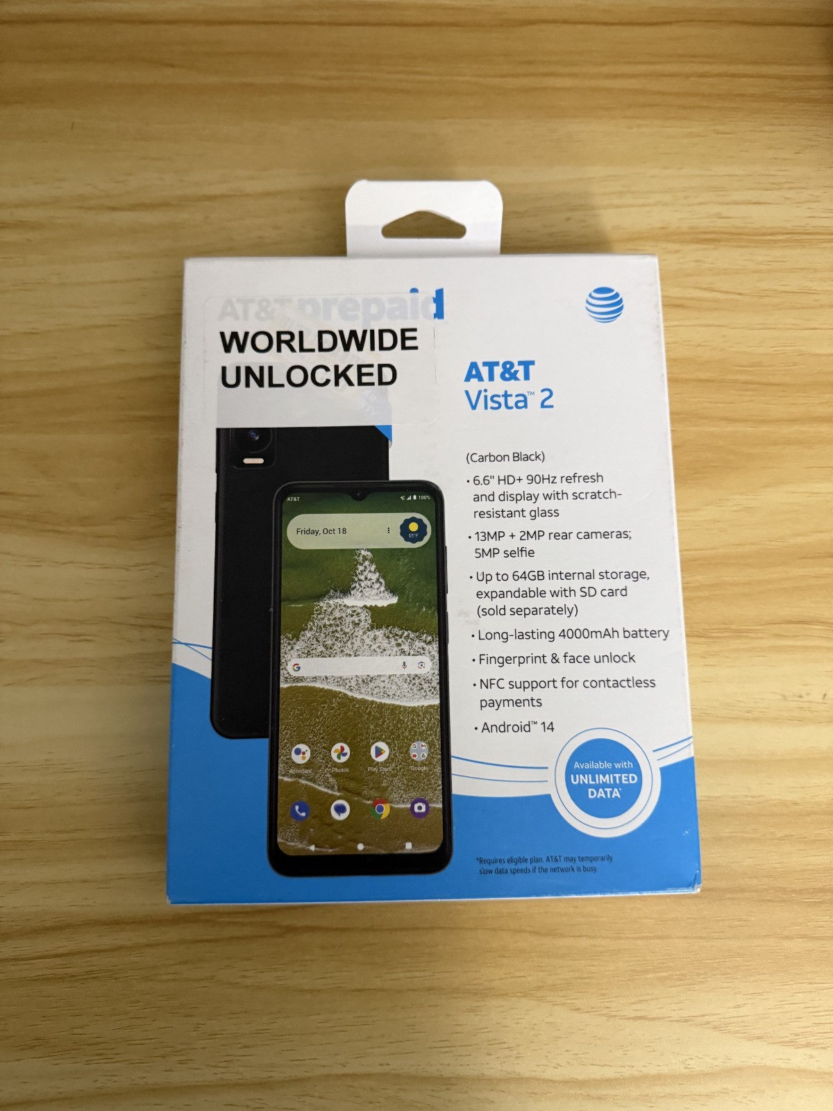UNLOCKED-AT&T Vista 2 Prepaid Smartphone 64GB Black 6.56in HD+ Display Octa-Core