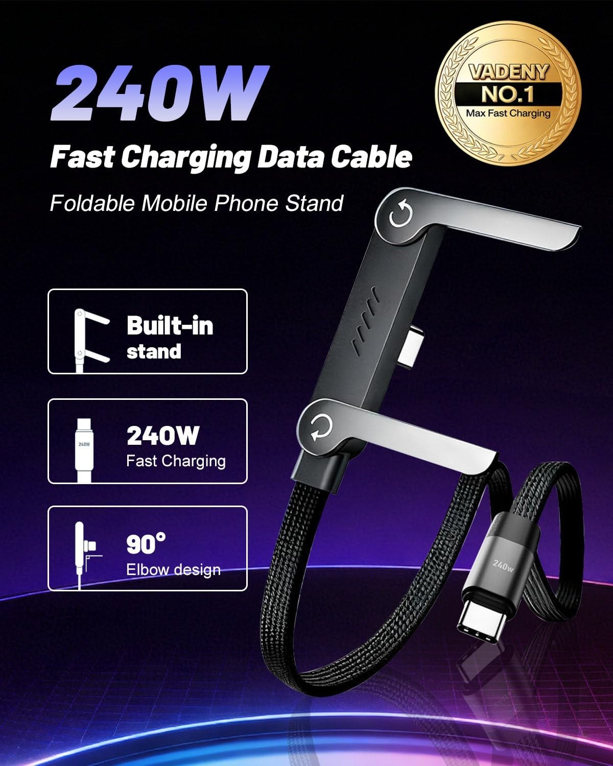 240w USB-C Charge Cable Invisible Holder Sideways Phone Charger 5 Ft Type-C Fast