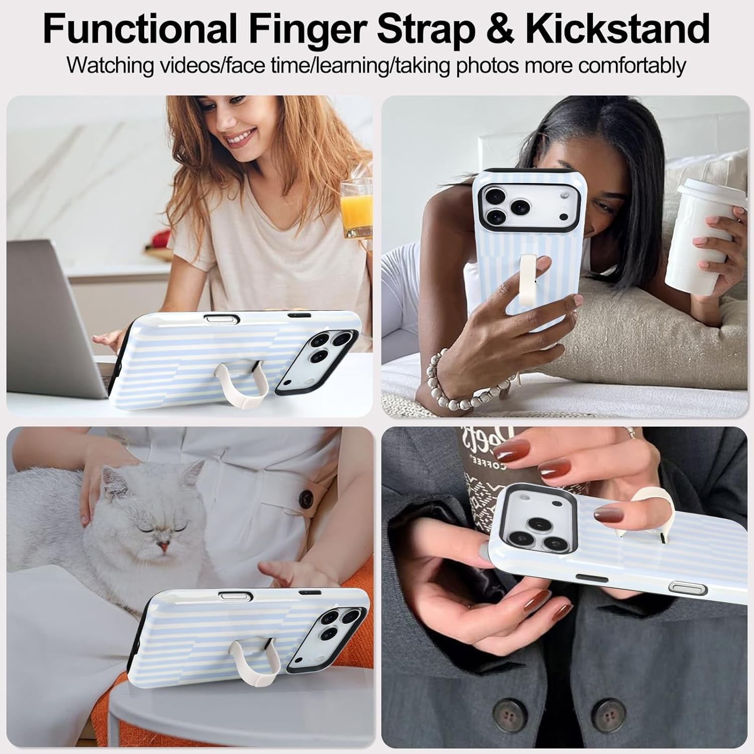 iPhone 17 Pro Max Case with Finger Strap Kickstand, Stylish Chic Striped Cover
