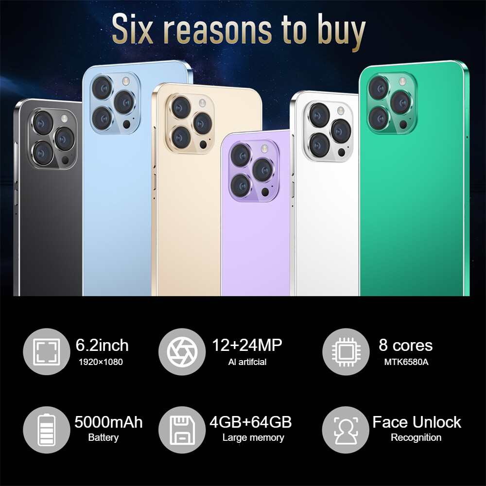 i15 Pro Max Smartphone Android 6.2” Unlocked 4+64GB 5000mAh 12+24MP Dual SIM
