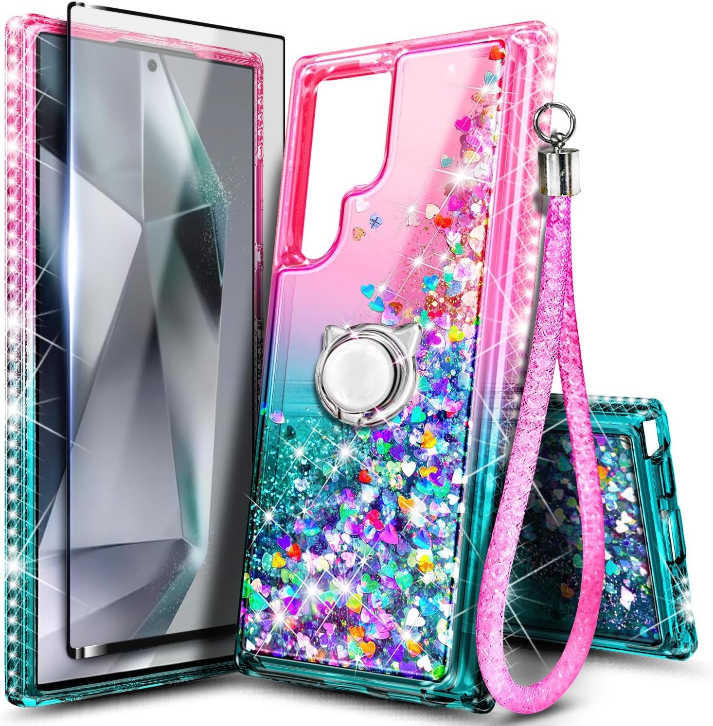 2PCS Case & Screen Protector for Samsung Galaxy S24 Ultra Pink Aqua Glitter Spar