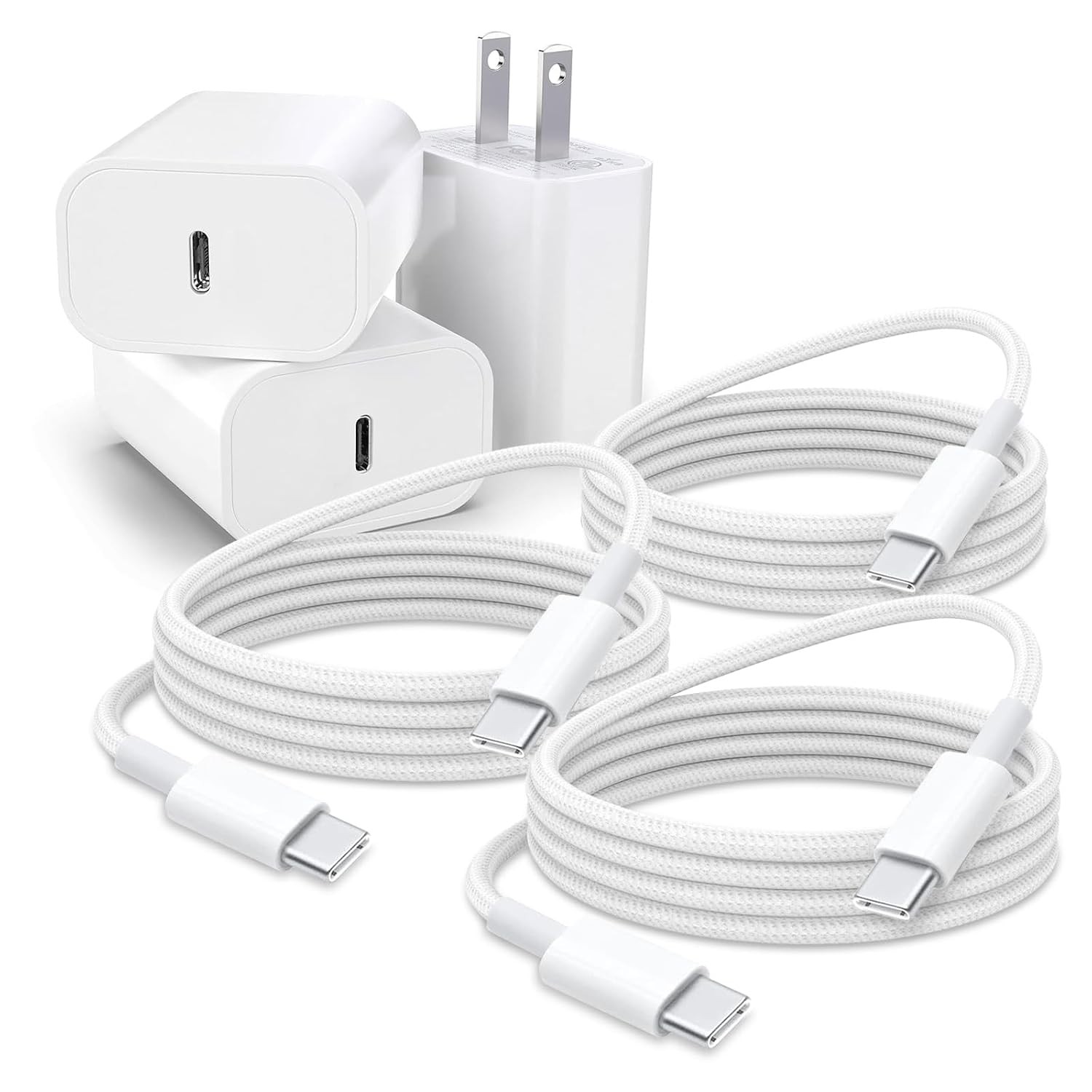 3-Pack 20W USB Type-C Fast Wall Charger for iPhone 16, Samsung Galaxy A14, 6Ft