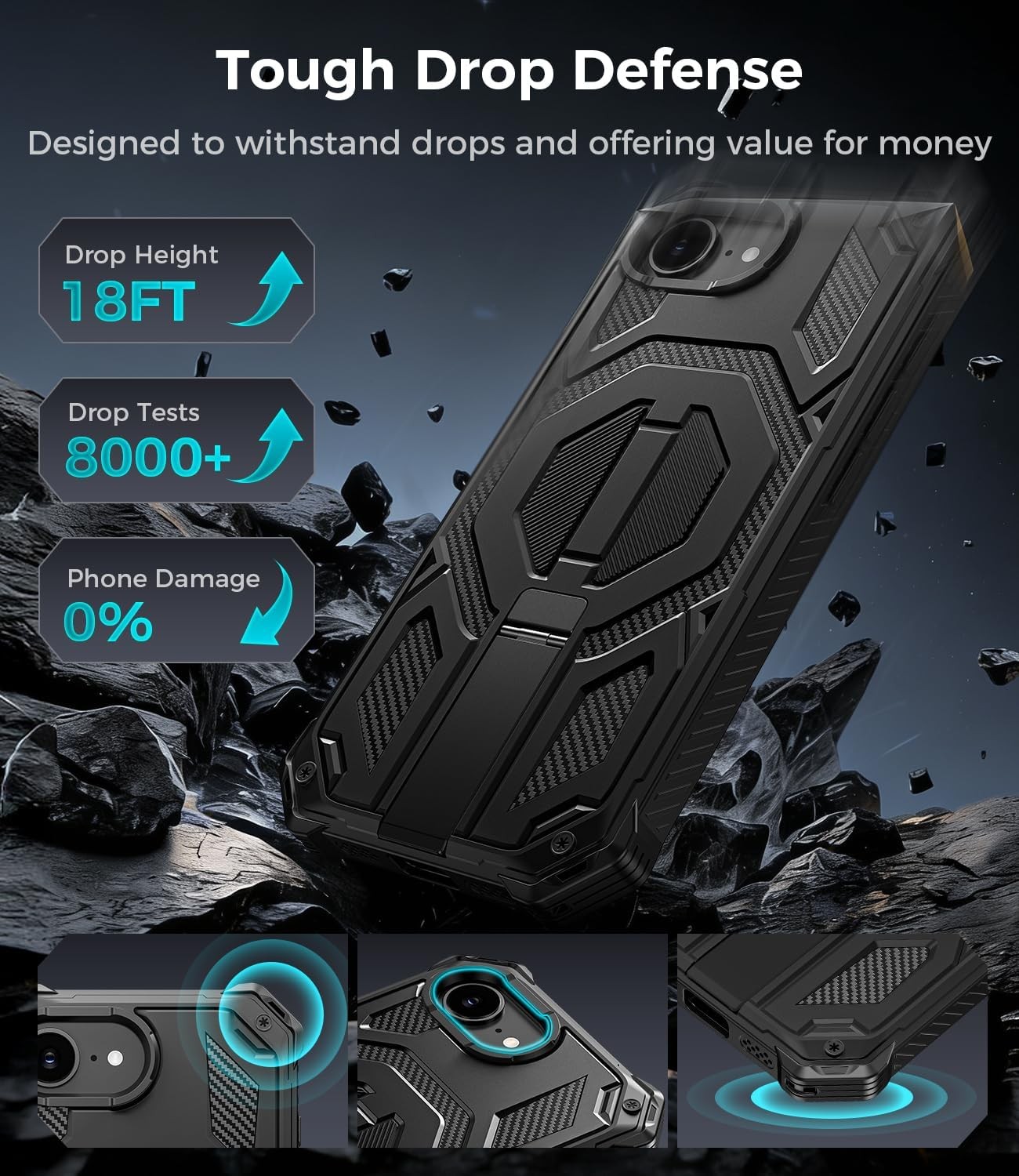Black Magnetic Case with Screen Protector for iPhone 16e/17e, Heavy Duty Design