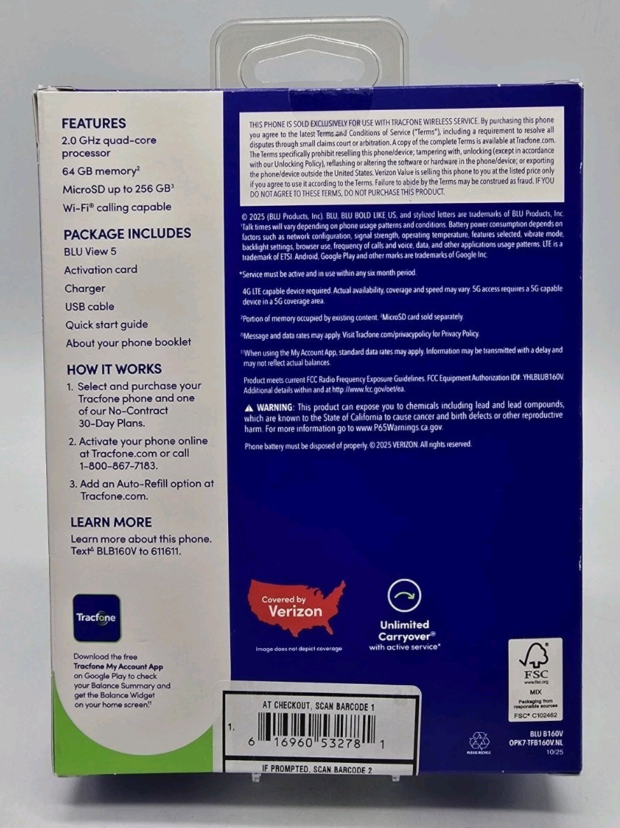 Tracfone BLU VIEW 5 (Verizon) No Contract Smartphone Brand New Sealed in Box NIB
