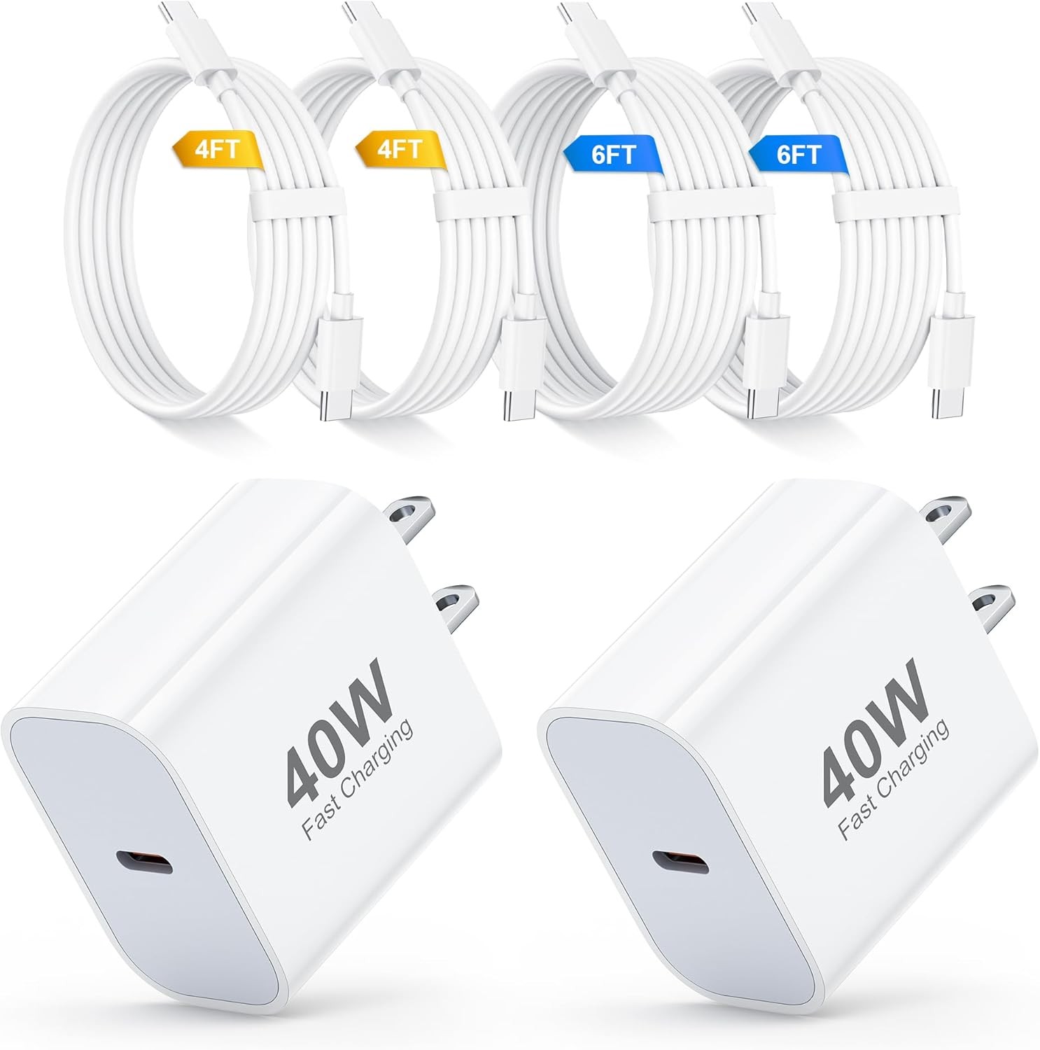 2 Pack 40W USB-C Fast Charger Wall Charger for iPhone 17/16 with 4FT + 6FT Cable