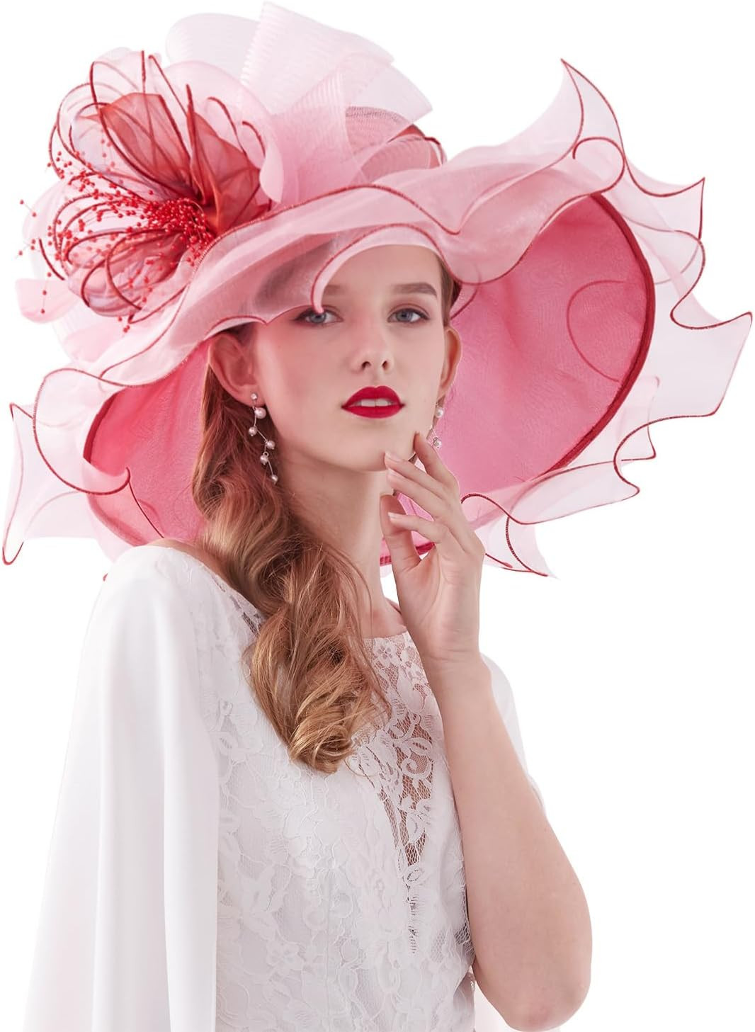 Women’S Kentucky Derby Church Hat Organza One Size 02B- Burgundy and Pink