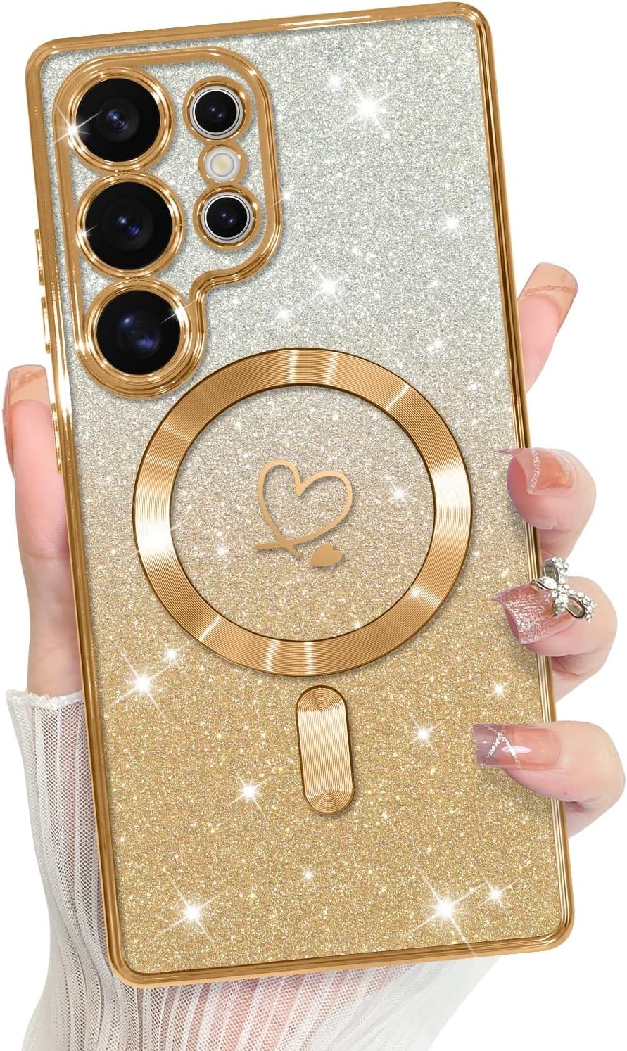 Samsung Galaxy S25 Ultra Case Support for Plating Heart Glitter Magnetic TPU Cov