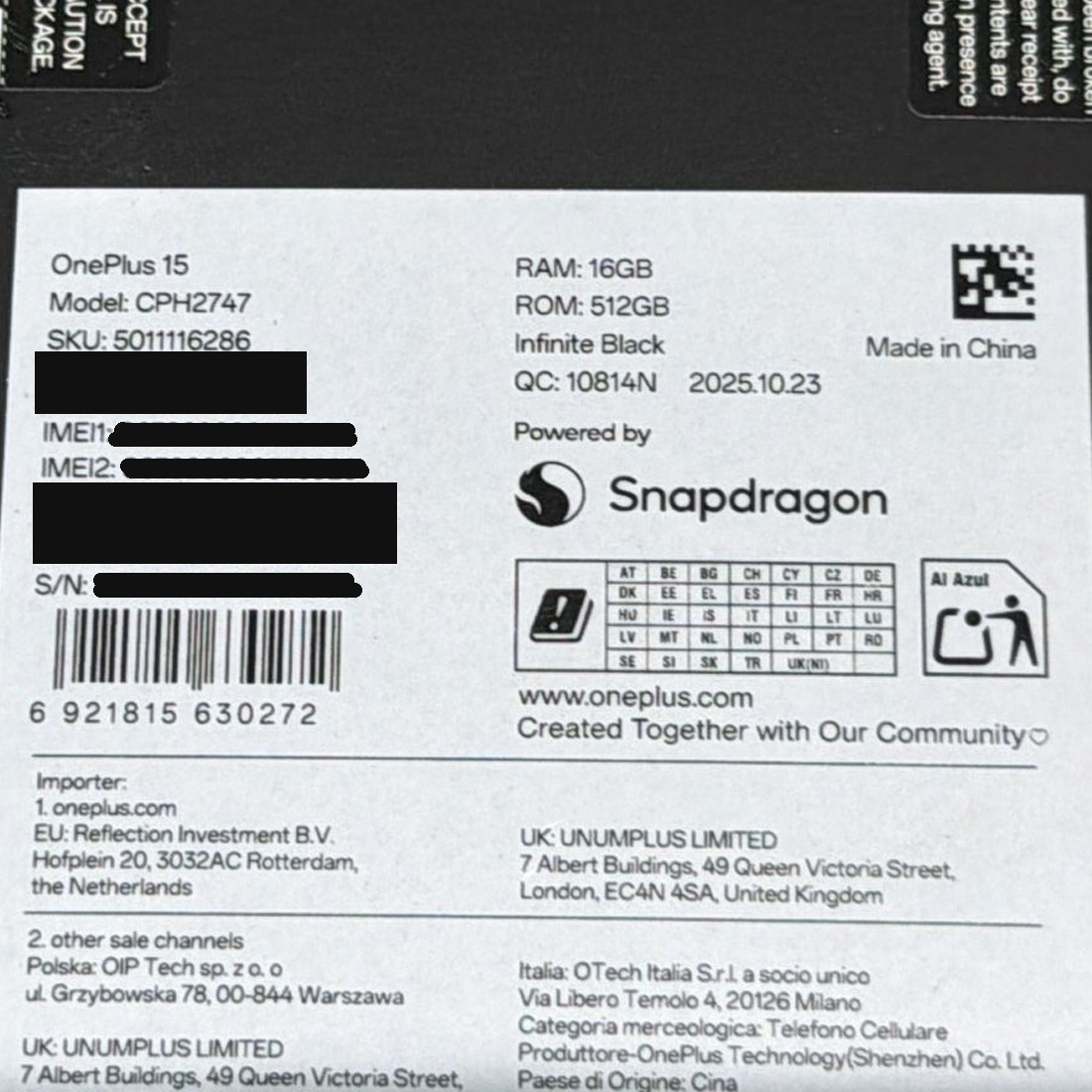 OnePlus 15 5G CPH2747 6.7″ 512GB 16GB Snapdragon 8 Elite Android 16 Unlocked GSM