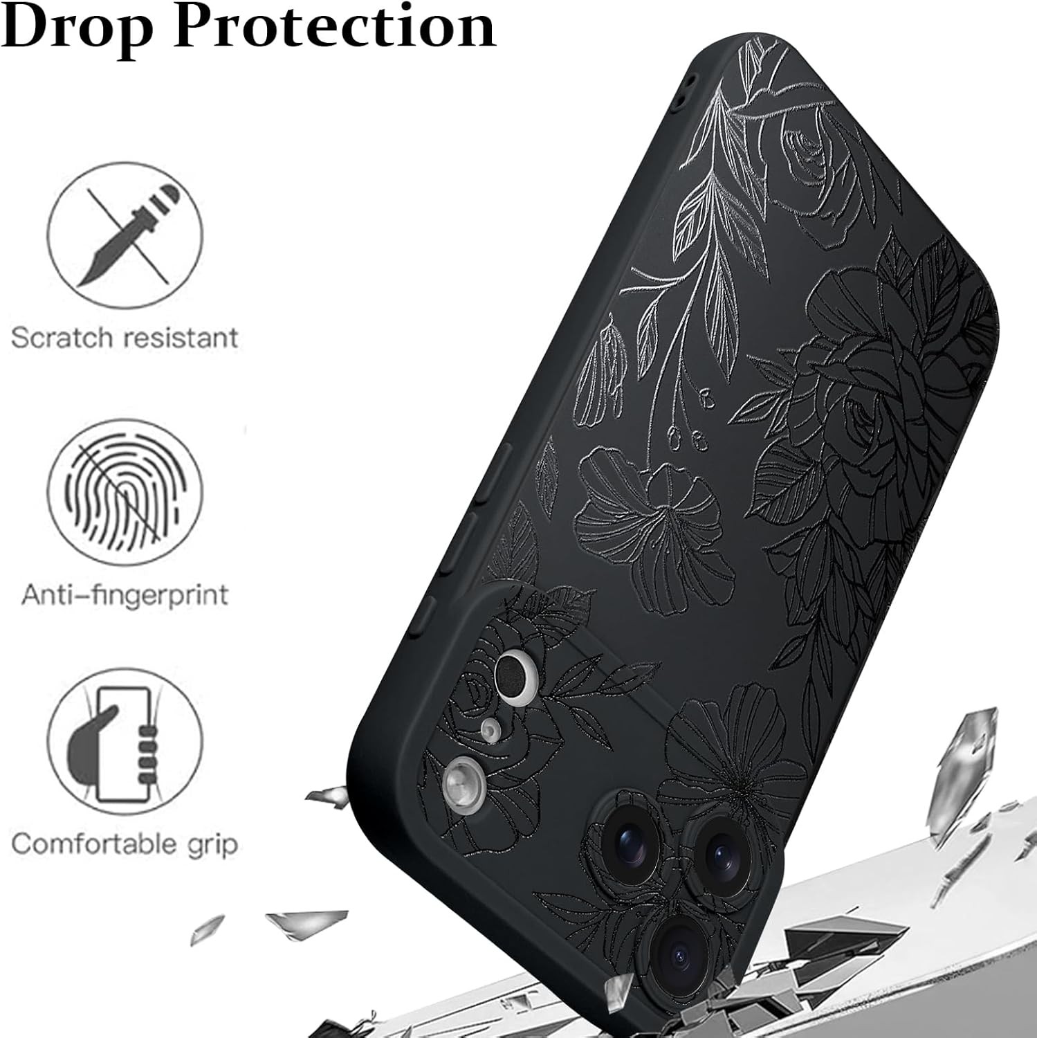Case for iPhone 17 Pro Max Black Floral Flower Pattern Print Design Soft TPU Cov