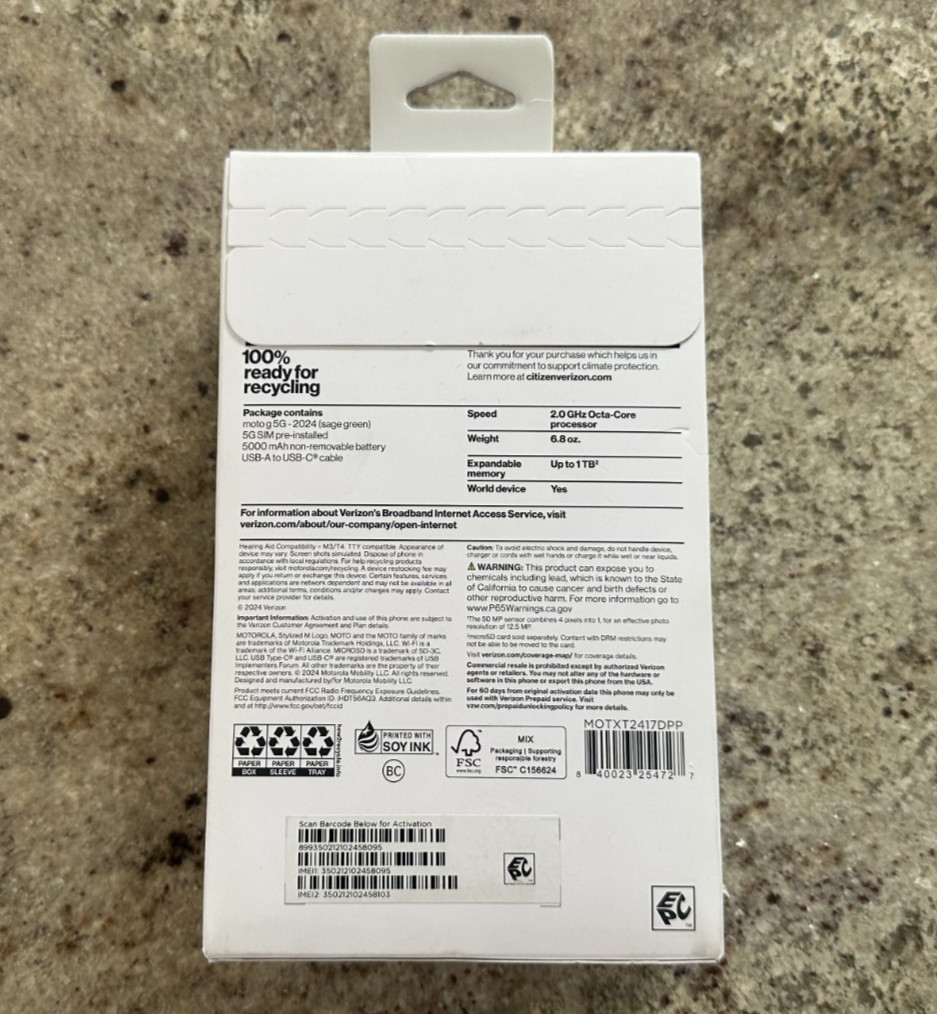Verizon Motorola Moto G 5G 2024 128GB 4GB RAM Prepaid Smartphone Green Brand New