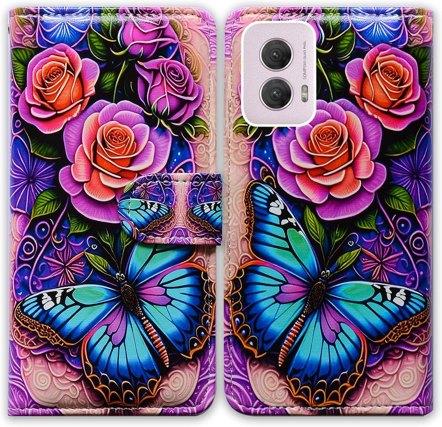Case for Moto G Power 5G 2024, Blue Butterfly Flowers Leather Flip Wallet Cover