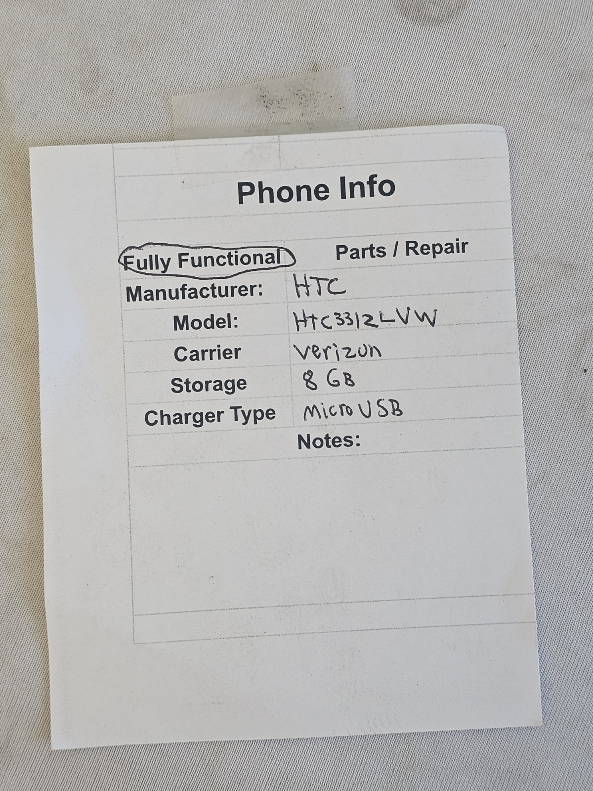 HTC HTC 3312LVW Carrier – Verizon Storage – 8GB Micro USB Tested and Working