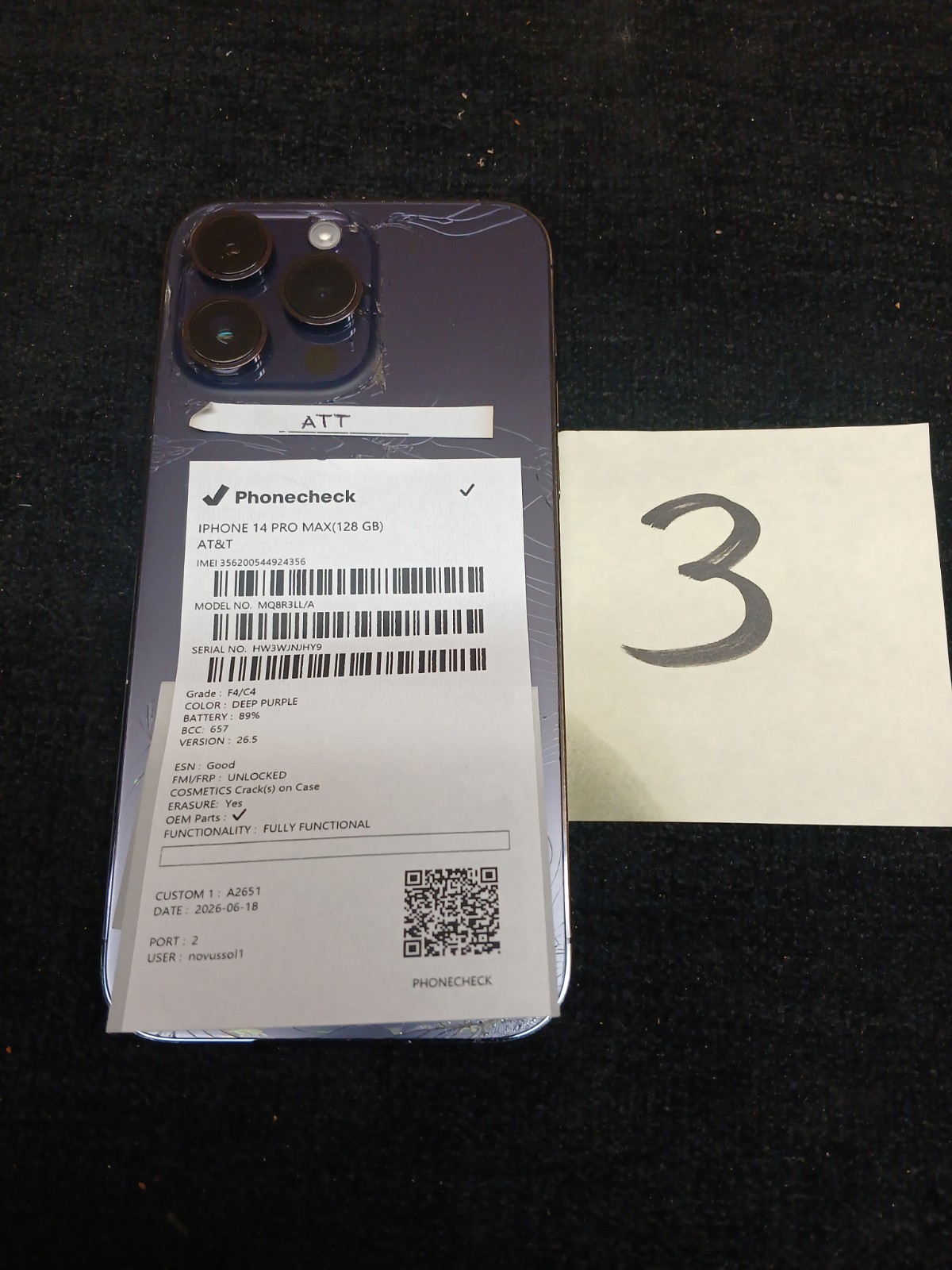 Apple iPhone 14 Pro Max 128GB Deep Purple ATT 89% 🔋 Cracked Back