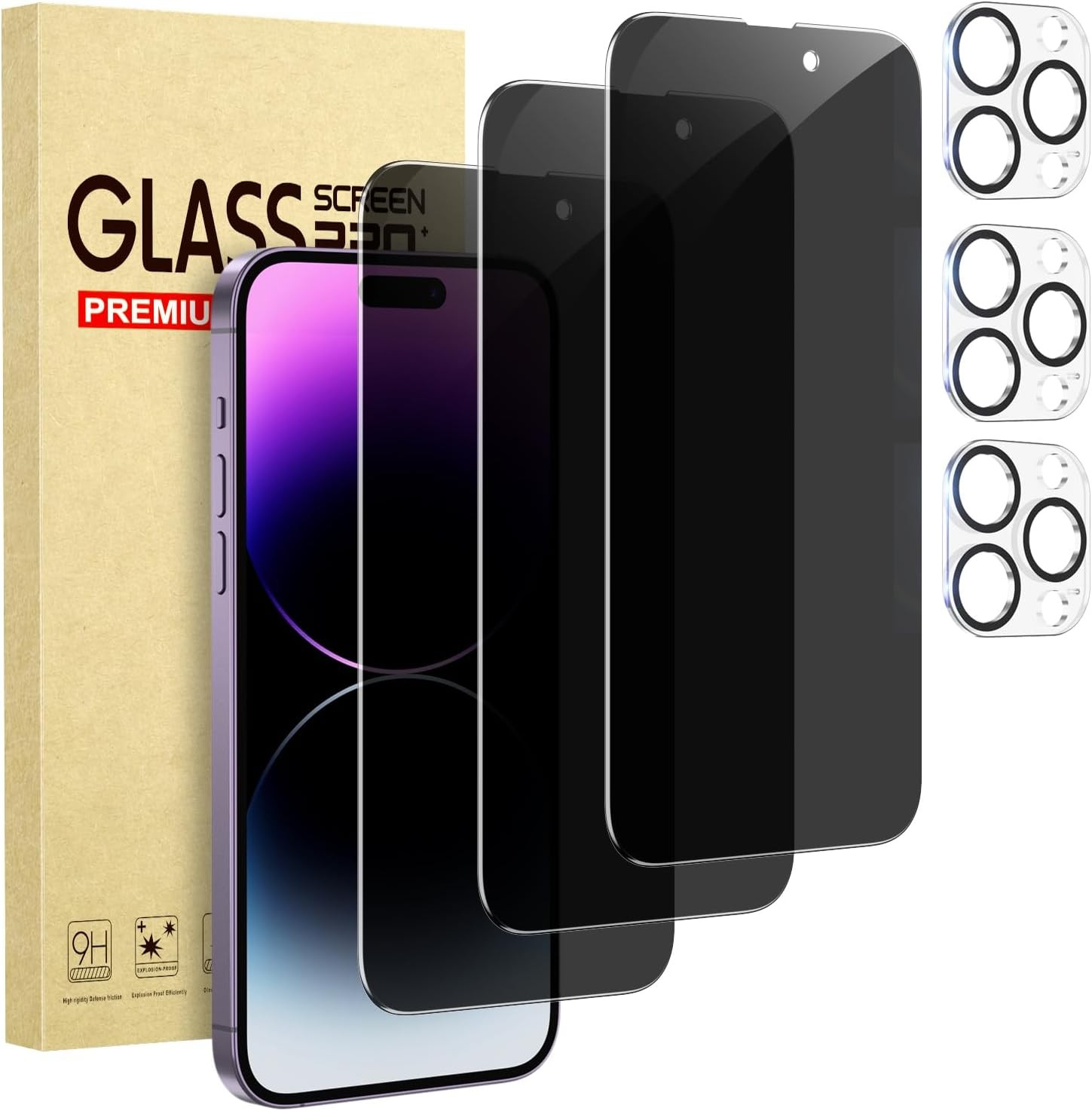 3 Pack Tempered Glass Privacy Screen & Camera Lens Protectors for iPhone 14 Pro