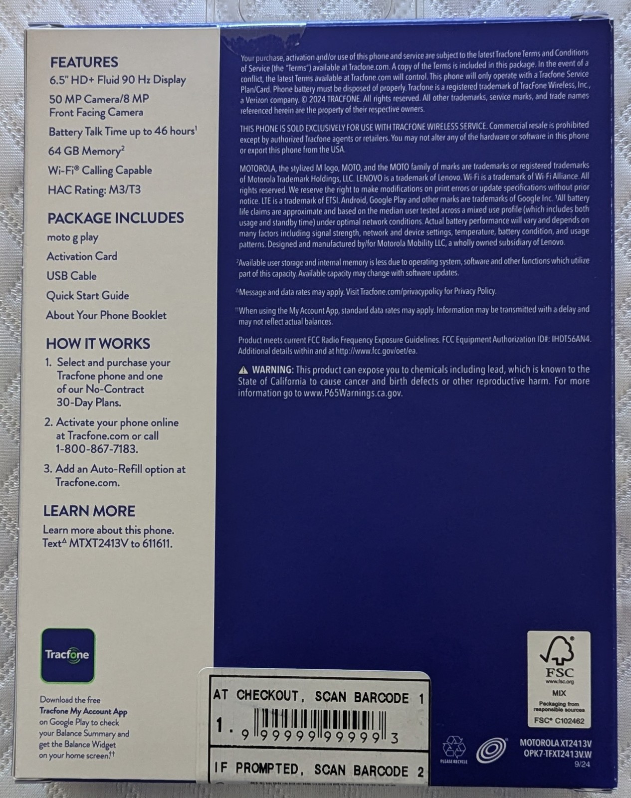 New Moto G Play 2024 6.5″ 64GB + 1 Year Tracfone service with 1500 Min/Text/Data