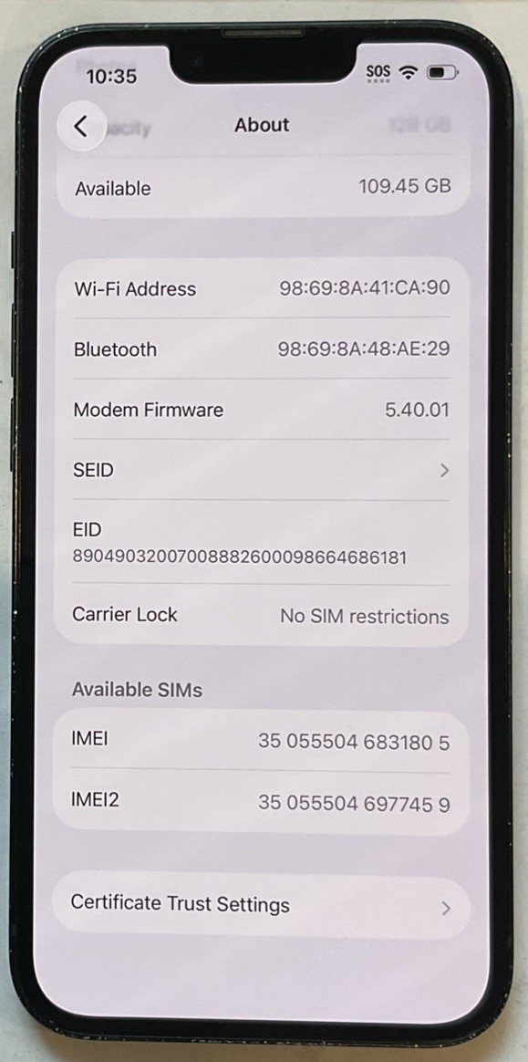 TESTED USED GSM UNLOCKED MIDNIGHT iPhone 13, 128GB A2482 MLA23LL/A 91% BATTERY.