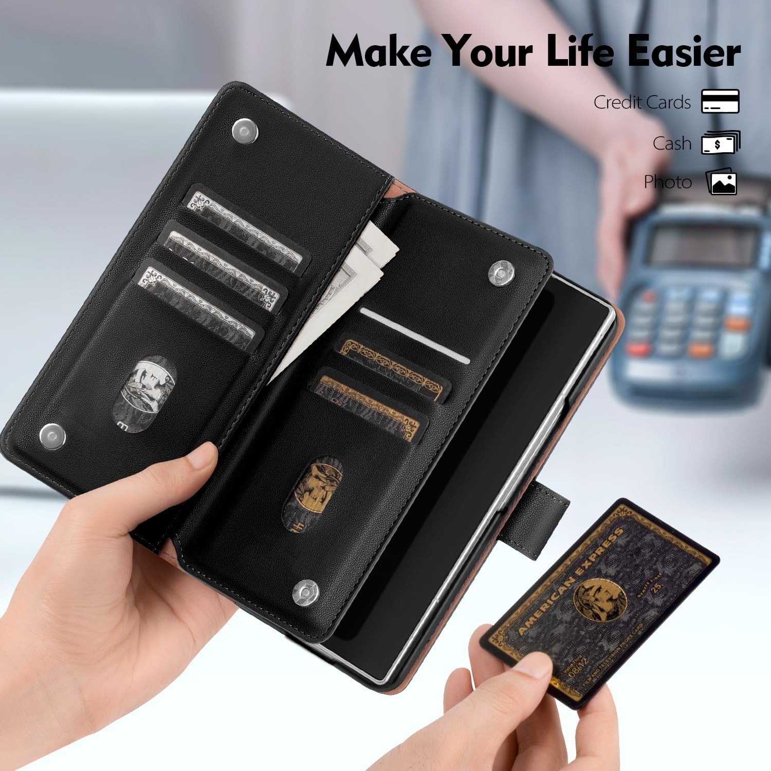 RFID Blocking PU Leather Wallet Case for Samsung Galaxy Z Fold 7, Black, Card Sl