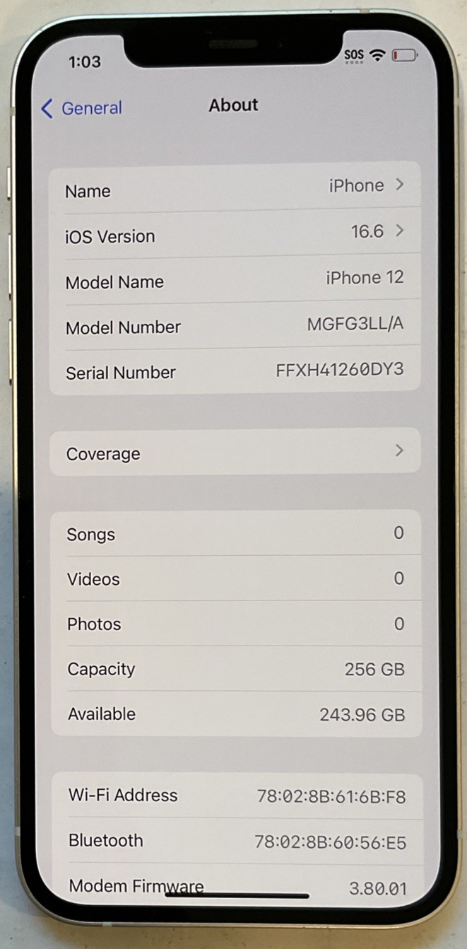 USED WHITE GSM UNLOCKED iPhone 12, 256GB A2172 MGFG3LL/A, 93% BATTERY iOS 16.6