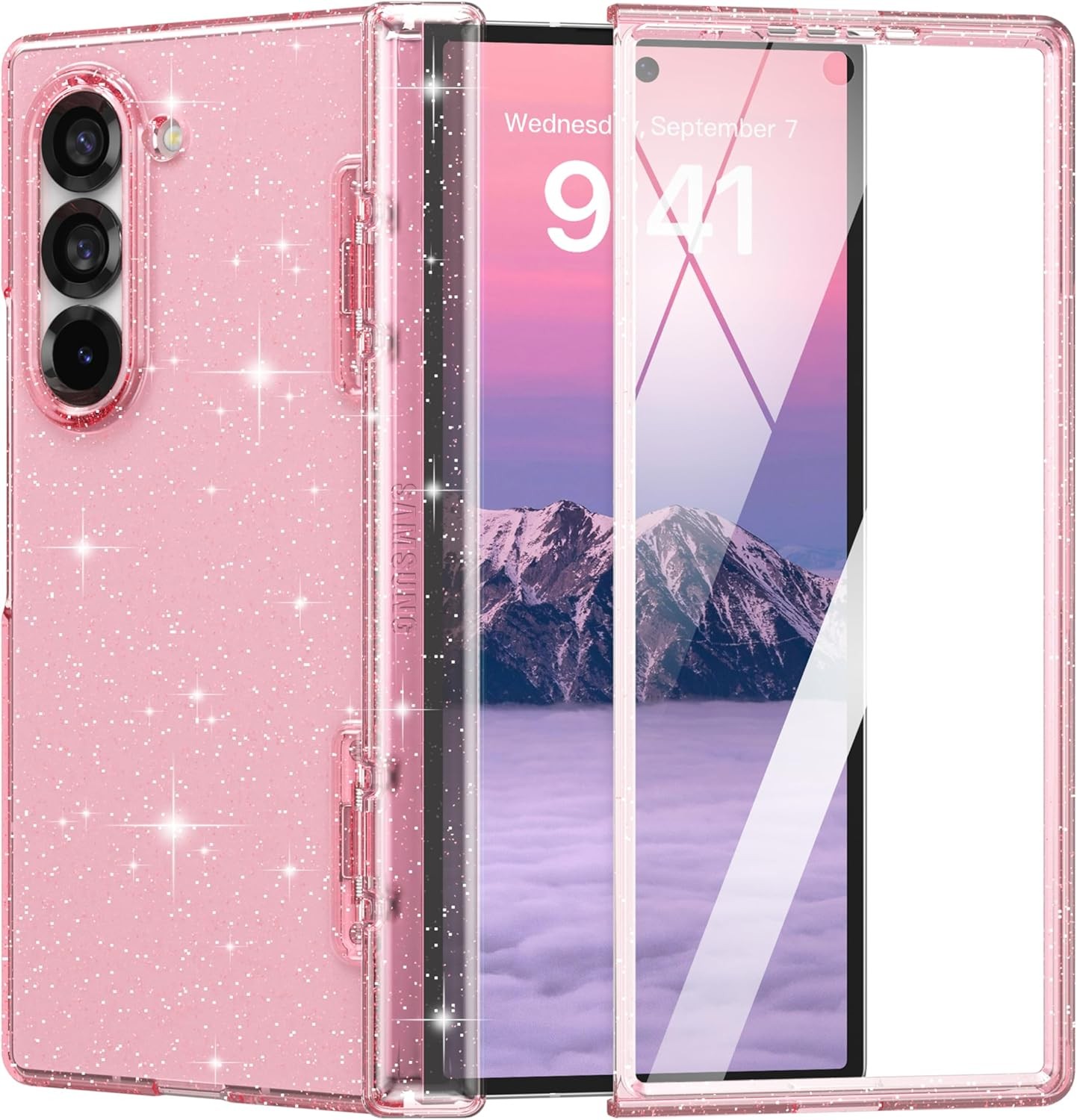 Case for Samsung Galaxy Z Fold 6 with Built-in Screen Protector, Glitter Pink