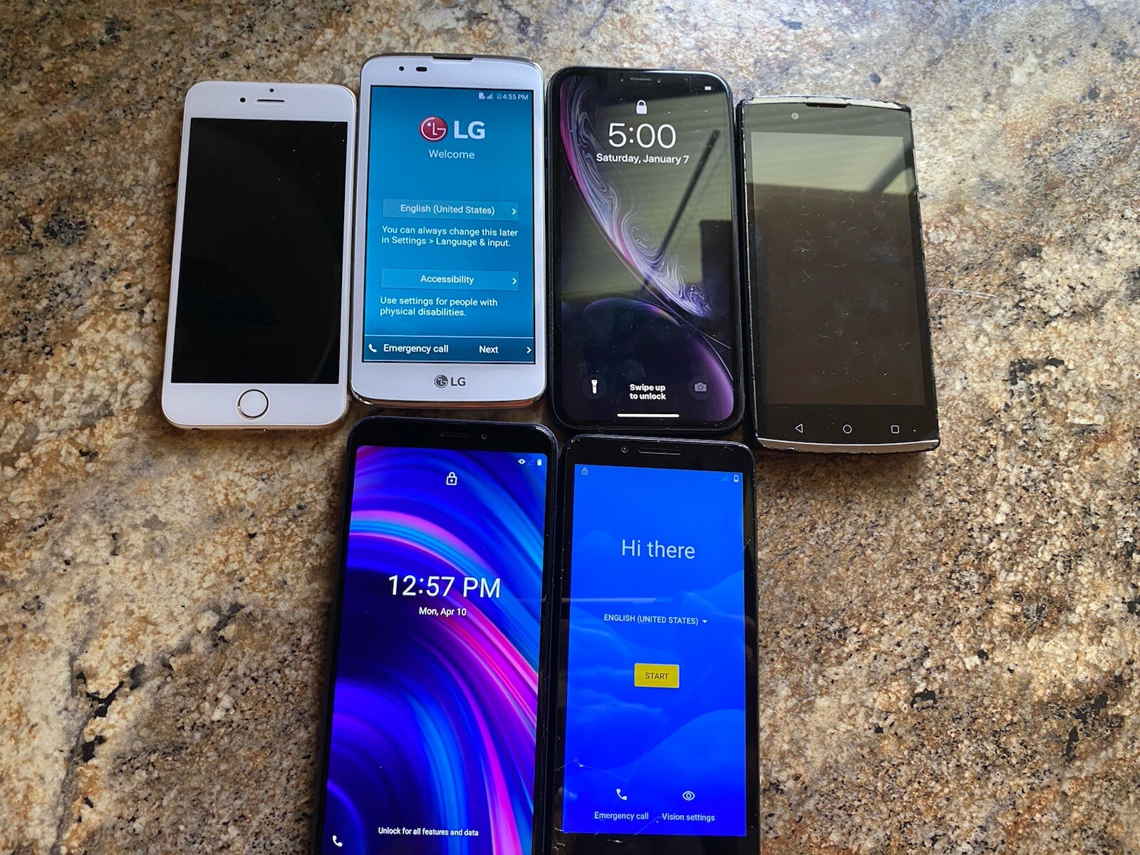 Lot of 6 Assorted Smartphones LG Apple Blu UMX Schok Locked Or Parts Or Repair