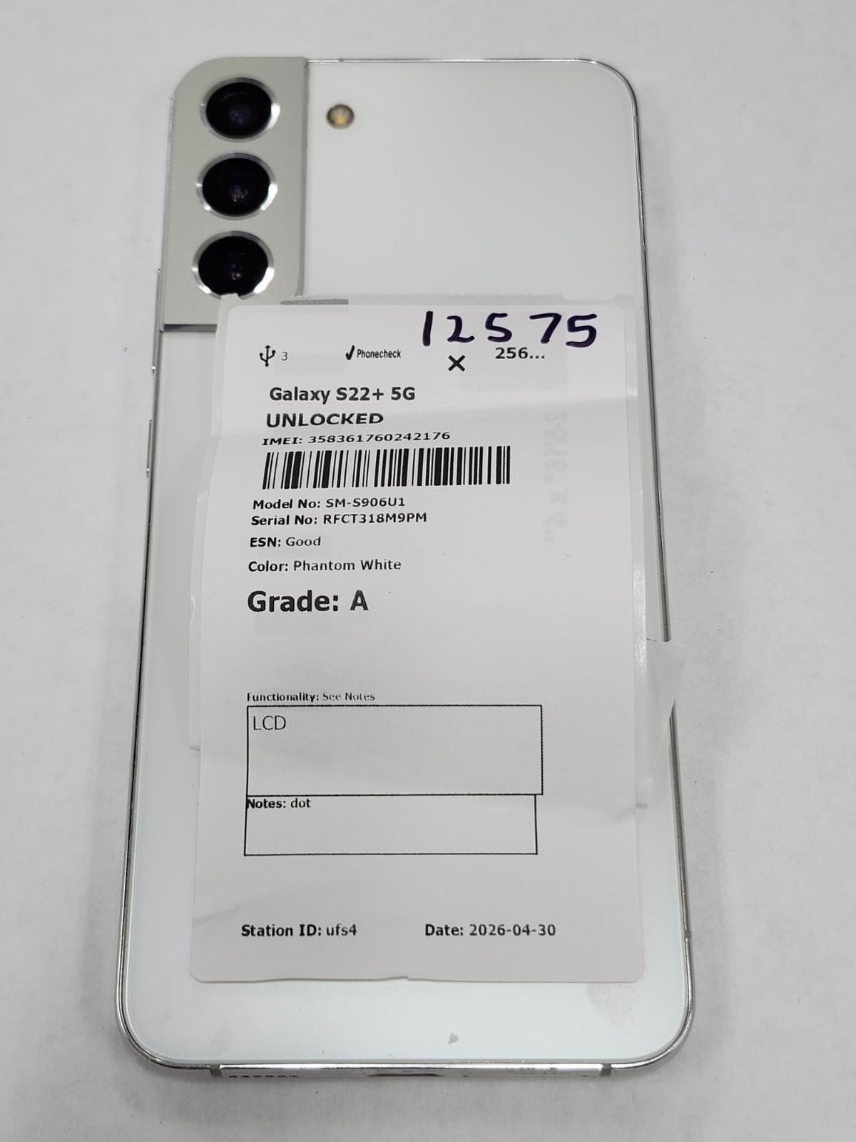 DEFECTIVE – Samsung Galaxy S22+ 5G – 256GB – White – Unlocked – 12575