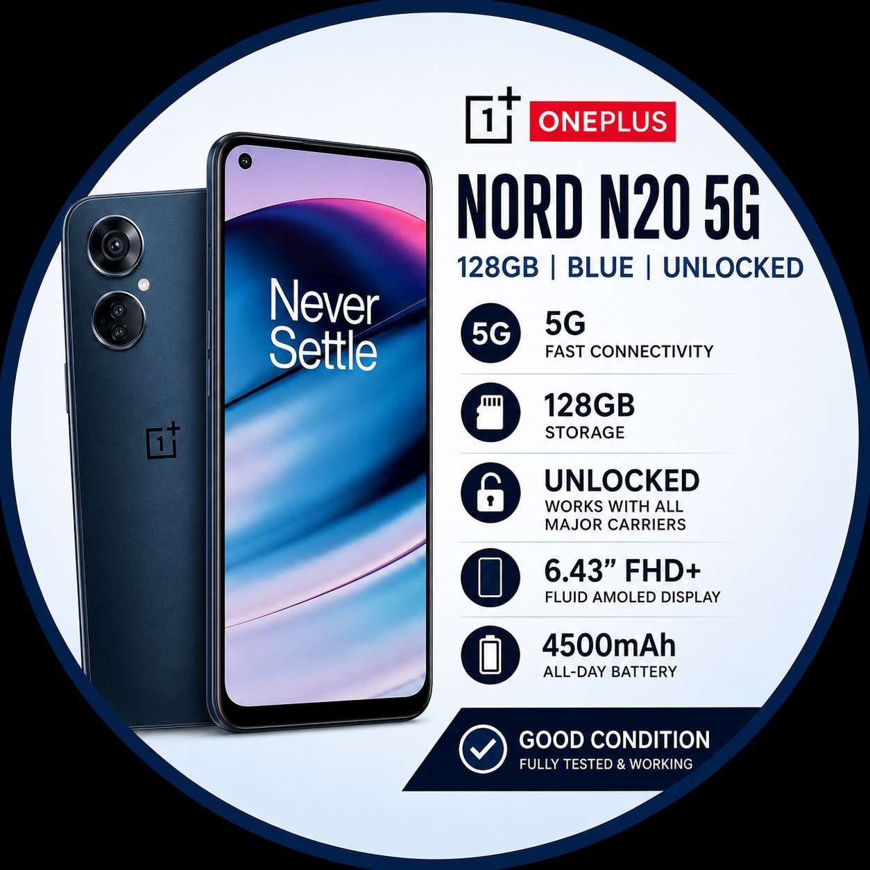 OnePlus Nord N20 5G 128GB Blue Unlocked Smartphone. Used