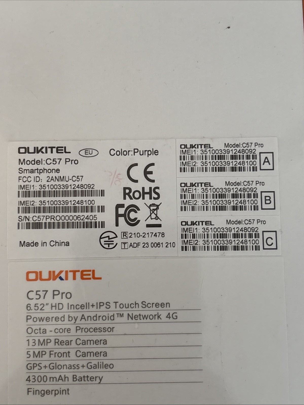 OUKITEL C57 Pro Smartphone 16GM(4GB+12) RAM 4G + 128GB New Sealed
