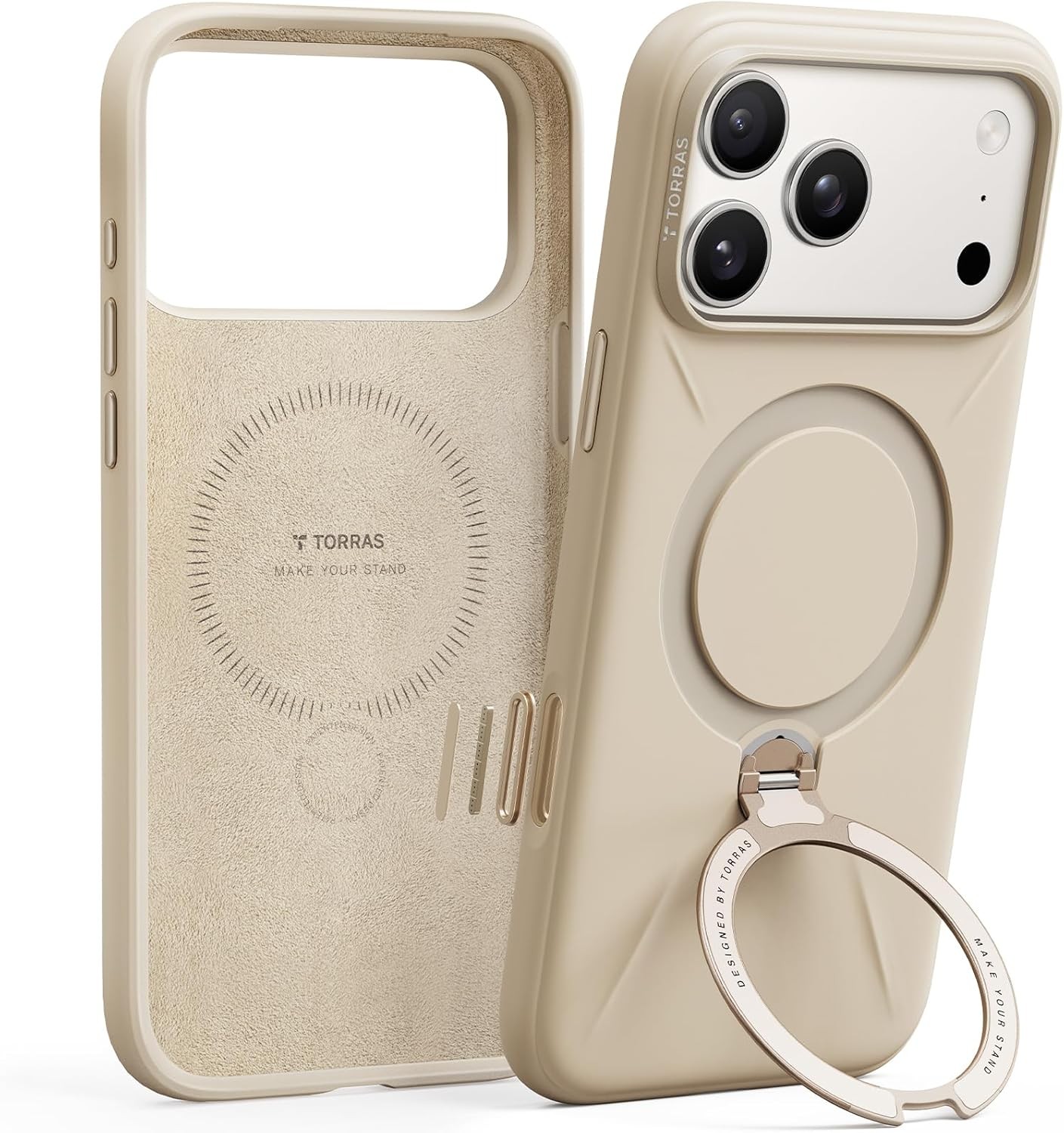 TORRAS Q3 Silicone 360 Spin for iPhone 17 Pro Case with Stand, Dune Beige