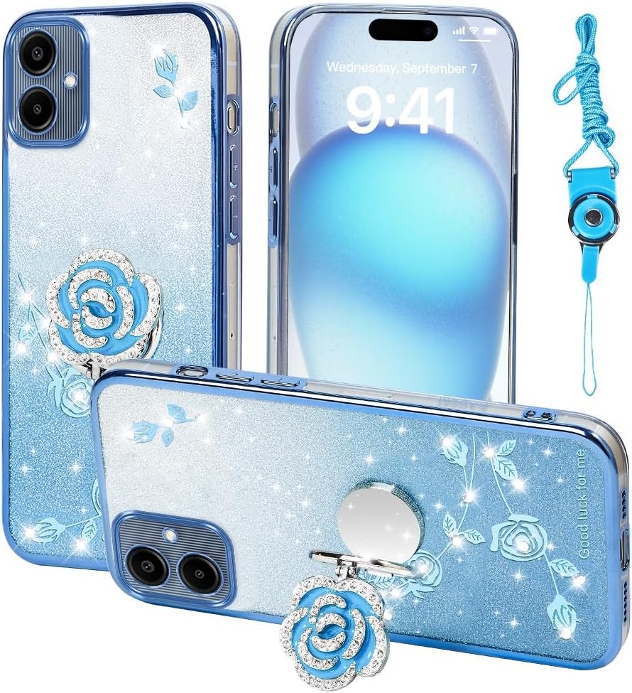 Samsung Galaxy A06 4G Case, Cute Soft Slim Cover with Ring Stand Strap Lanyard