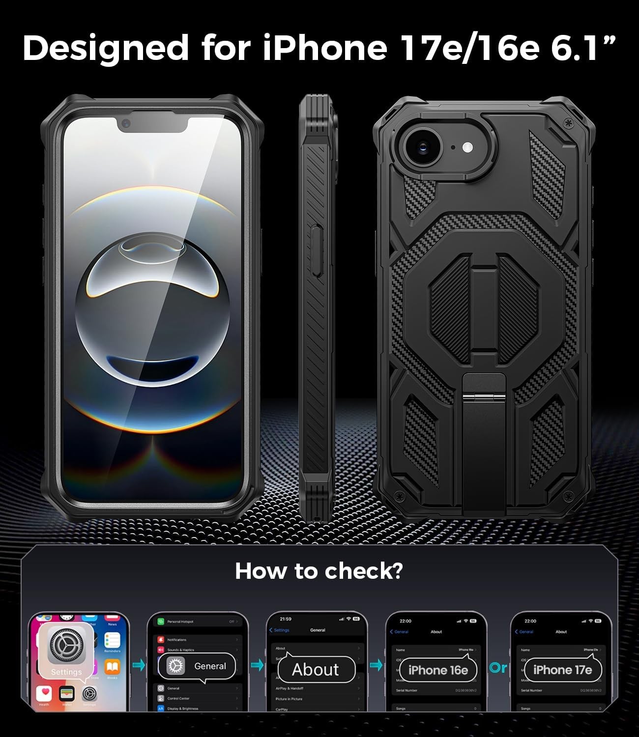 Black Magnetic Case with Screen Protector for iPhone 16e/17e, Heavy Duty Design