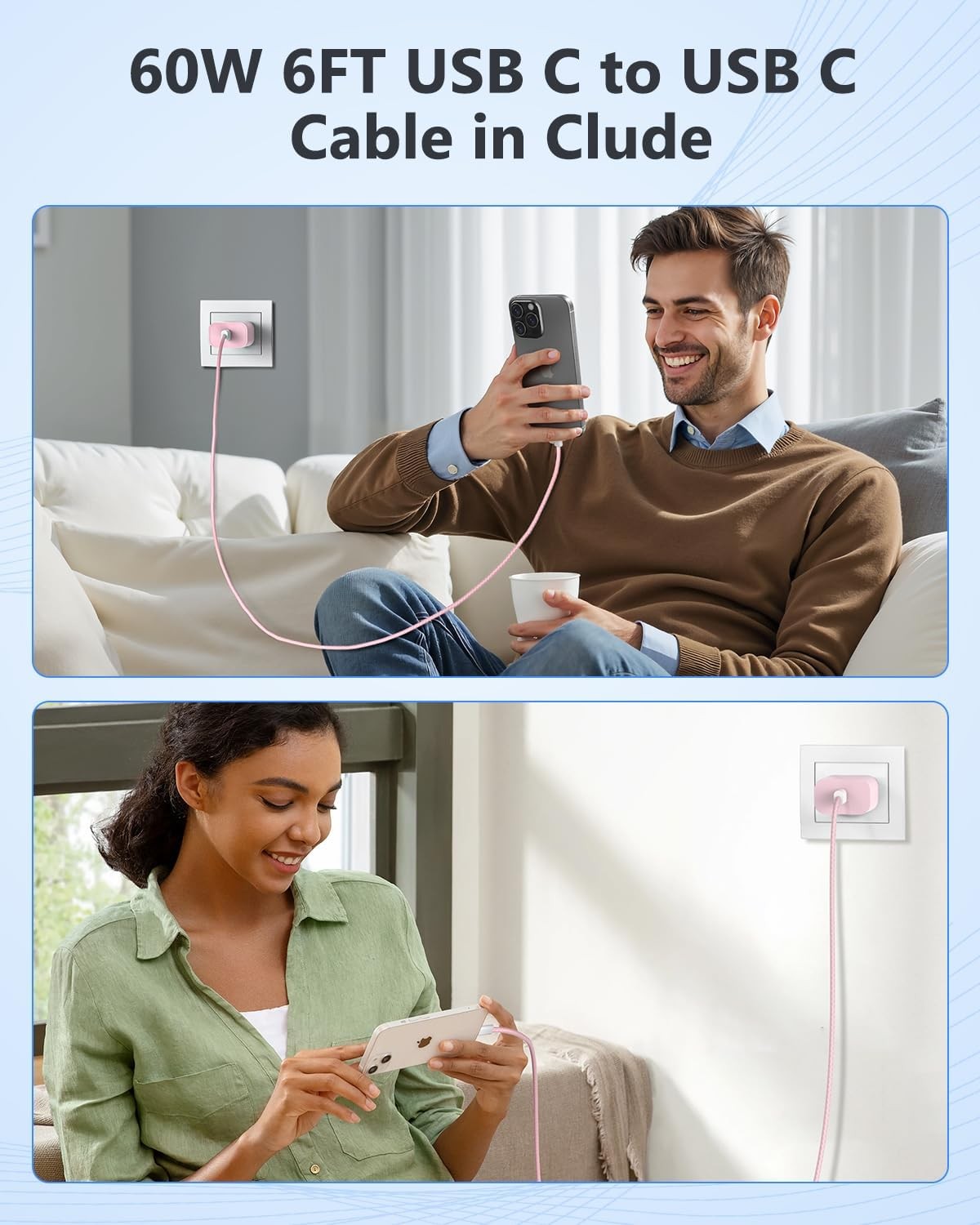 25W USB-C Fast Charger Wall Adapter for iPhone 17 16 15, 6FT Cable
