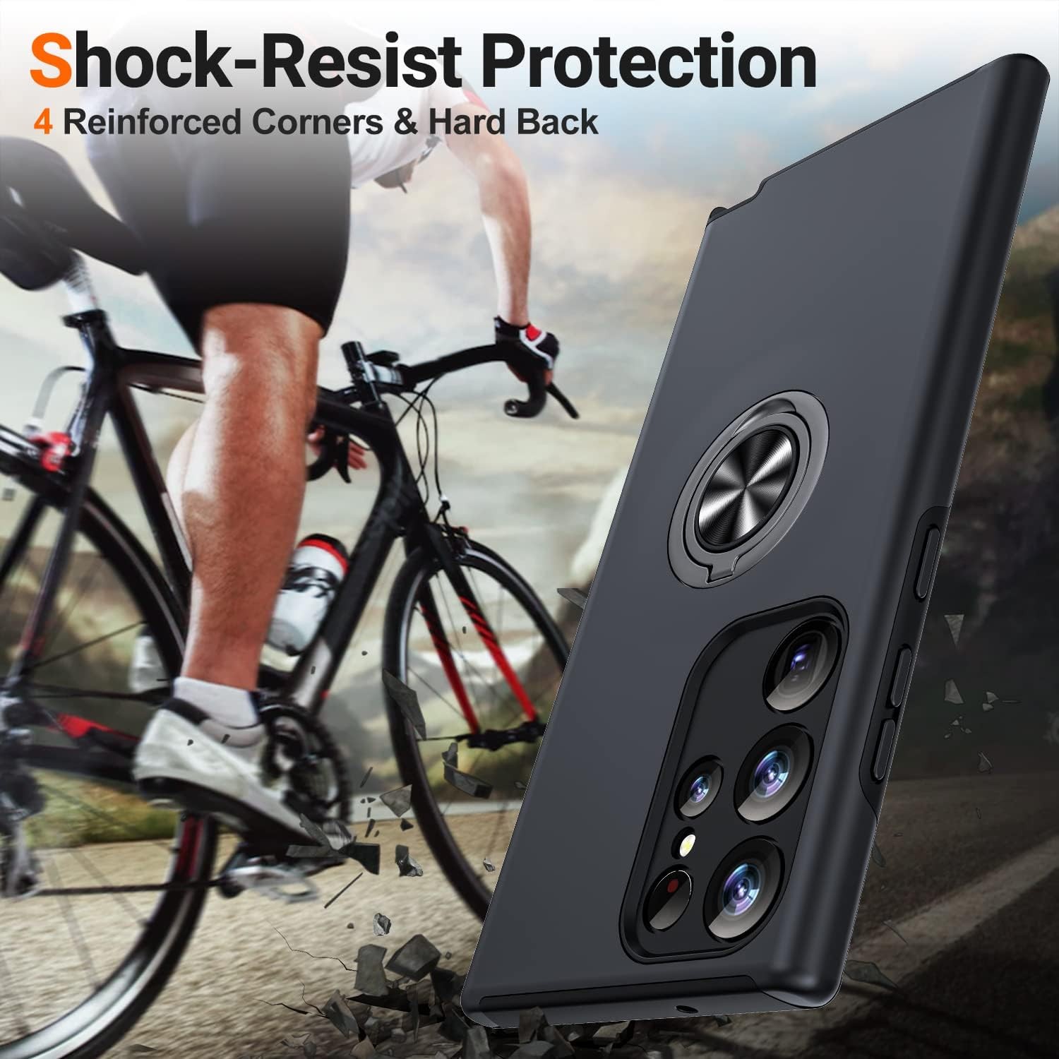Black Slim Soft Bumper Case with Kickstand Ring Holder for Galaxy S23 Ultra